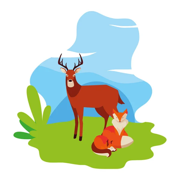 Lis i jelenie ssak szczęśliwy jesień sezon — Wektor stockowy