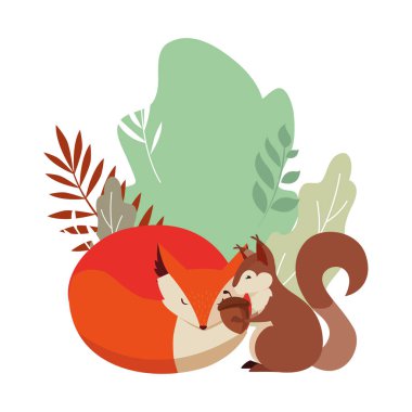 tilki ve sincap mutlu sonbahar sezonu tasarımı