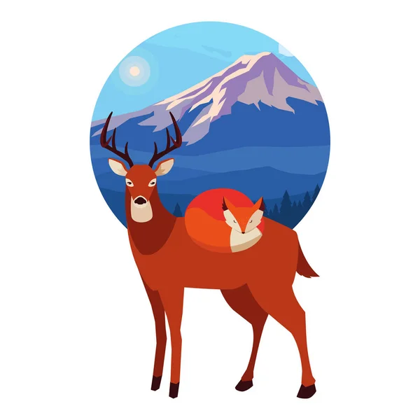 Rubah dan rusa mamalia bahagia musim gugur desain - Stok Vektor