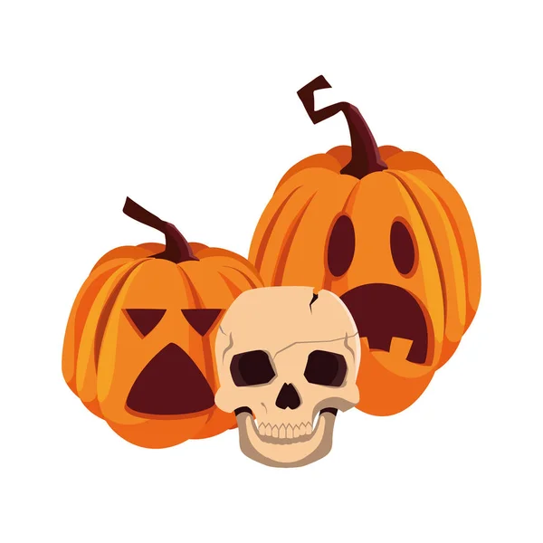 Calabazas y calavera feliz halloween celebración diseño — Vector de stock