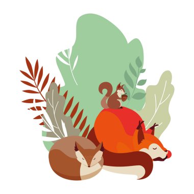 tilki ve sincap mutlu sonbahar sezonu tasarımı