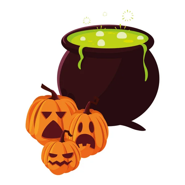 Cauldron and pumpkins happy halloween celebration — Stock Vector