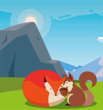 tilki ve sincap mutlu sonbahar sezonu tasarımı