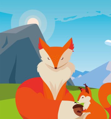 tilki ve sincap mutlu sonbahar sezonu tasarımı