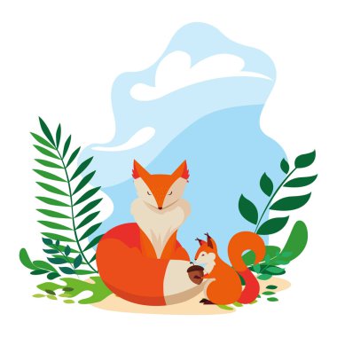 tilki ve sincap mutlu sonbahar sezonu tasarımı