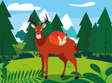 tilki ve geyik memeli mutlu sonbahar sezonu tasarımı