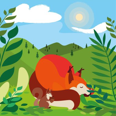 tilki ve sincap mutlu sonbahar sezonu tasarımı