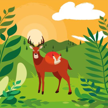 tilki ve geyik memeli mutlu sonbahar sezonu tasarımı