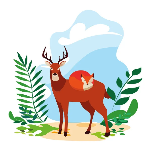 Lis i jelenie ssak szczęśliwy jesień sezon — Wektor stockowy