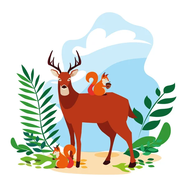 Venado y ardilla feliz otoño temporada diseño — Vector de stock