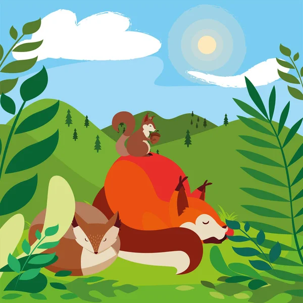 Αλεπούδες και σκίουρος χαρούμενο φθινοπωρινό σχεδιασμό σεζόν — Διανυσματικό Αρχείο