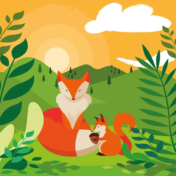 tilki ve sincap mutlu sonbahar sezonu tasarımı