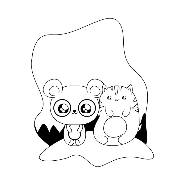 Niedliche Katze mit Pandabär Baby Kawaii-Stil — Stockvektor