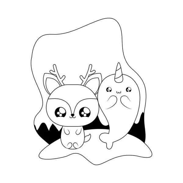 Schattig narwal met rendieren kawaii stijl — Stockvector