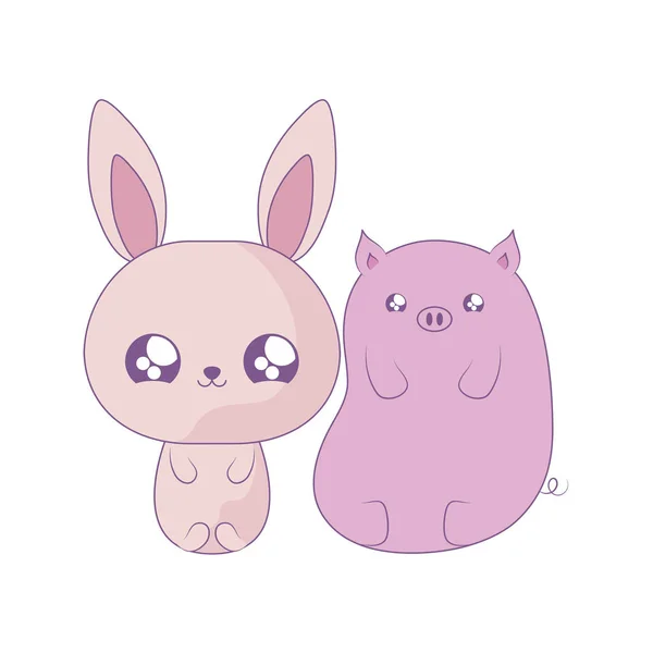 Schattig Piggy met Bunny baby dieren kawaii stijl — Stockvector