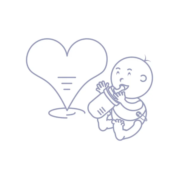 Mignon bébé garçon avec biberon lait et coeur amour — Image vectorielle