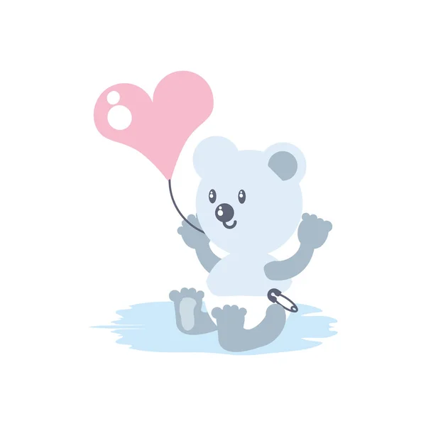 Bébé ours mignon avec ballon hélium en forme de coeur — Image vectorielle
