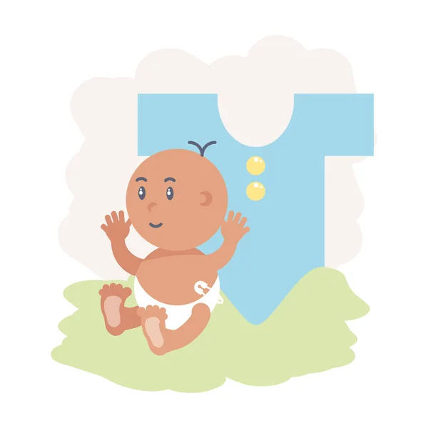 赤ちゃんのための服を持つかわいい新生児の男の子 — ストックベクタ