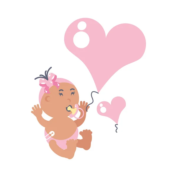 Cute baby girl with pacifier and hearts love — Stock Vector