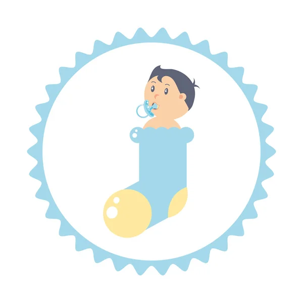 Schattige baby jongen met sok in zegel — Stockvector