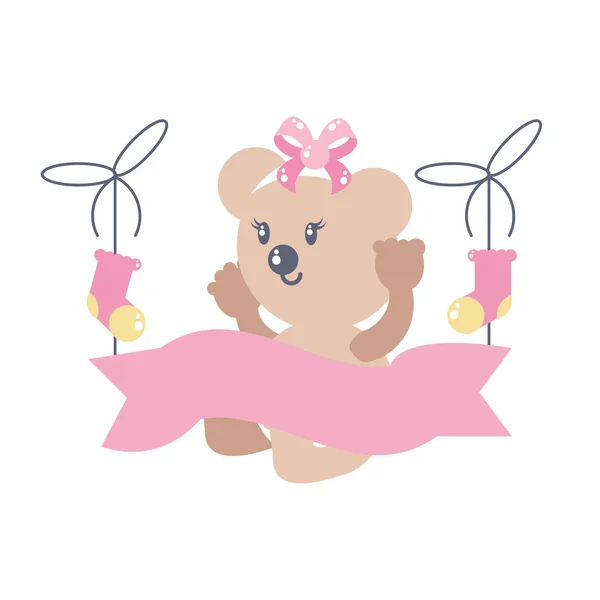 Lindo oso hembra bebé con calcetines y cinta — Archivo Imágenes Vectoriales