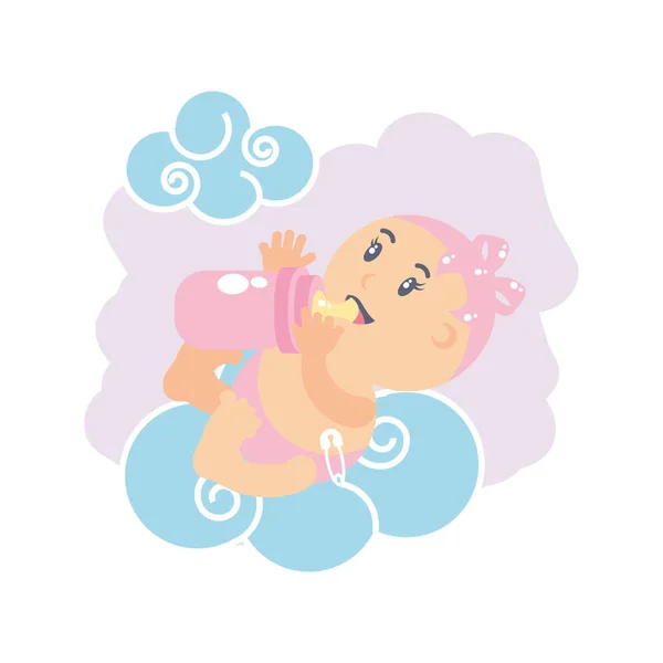 Niedliches Baby-Mädchen mit Flaschenmilch und Wolken — Stockvektor