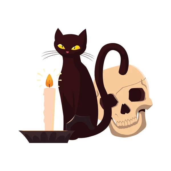 Celebracja czaszka kot Halloween szczęśliwy świeca — Wektor stockowy