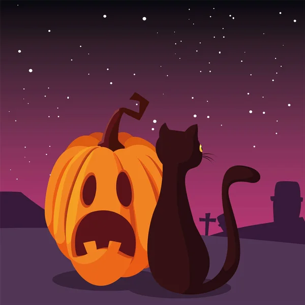 Calabaza gato feliz halloween celebración — Vector de stock