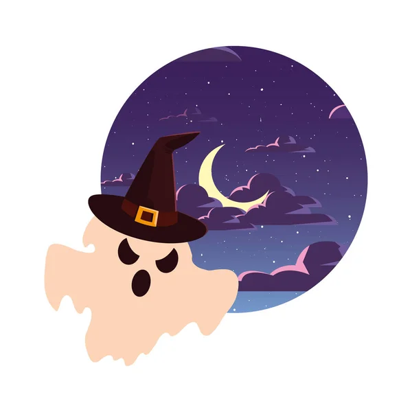 Ghost with hat happy halloween celebration design — стоковый вектор