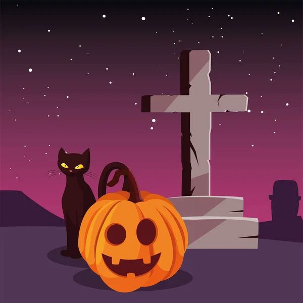 Pumpor katter och Cross Happy Halloween Celebration — Stock vektor