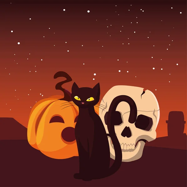 Calabaza gato cráneo feliz halloween celebración diseño — Vector de stock