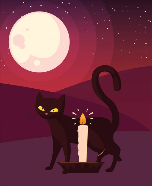 Siyah kedi mum mutlu cadılar bayramı kutlama tasarımı — Stok Vektör