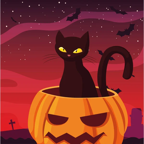 Calabaza gato feliz halloween celebración — Vector de stock