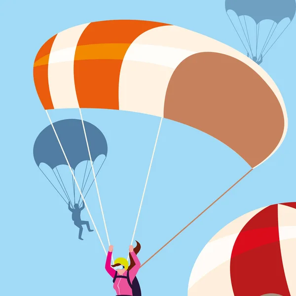 Paracadute donna in aria con paracadute aperto — Vettoriale Stock