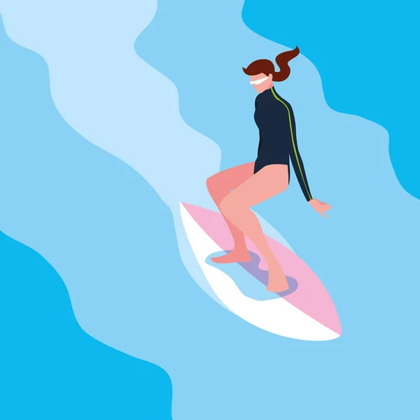 Mujer en tabla de surf en carácter avatar onda — Vector de stock