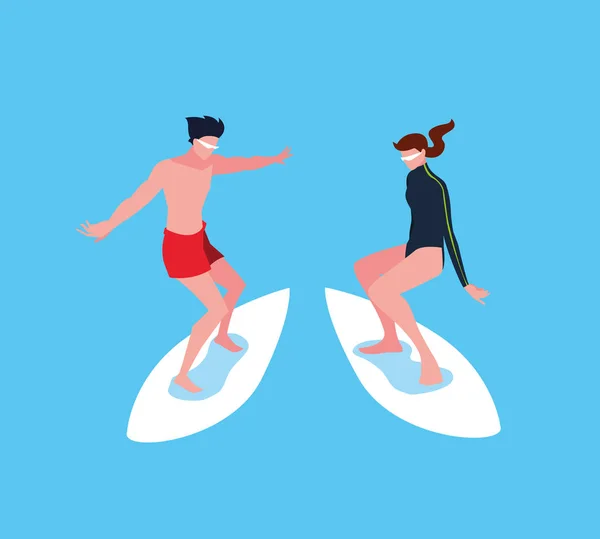 Couple en planche de surf en vague — Image vectorielle