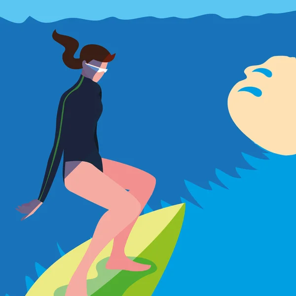 Femme en planche de surf dans vague avatar personnage — Image vectorielle