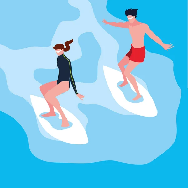 夫妇在冲浪板在波 — 图库矢量图片