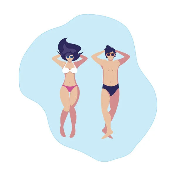 Jeune couple avec maillot de bain flottant dans l'eau — Image vectorielle