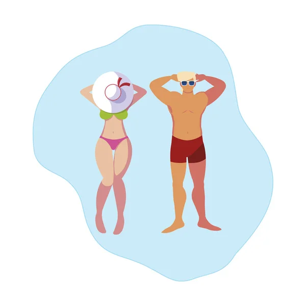 Pareja joven con traje de baño flotando en el agua — Vector de stock