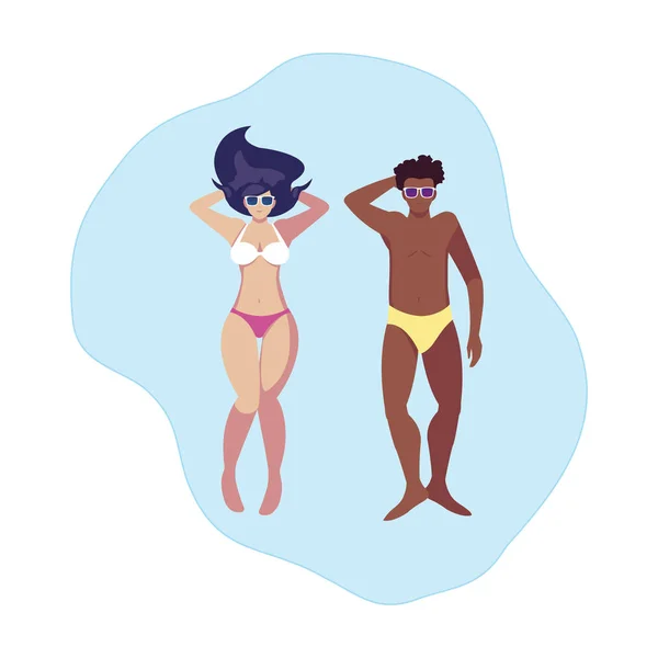 Interracial couple with swimsuit floating in water — Stock Vector