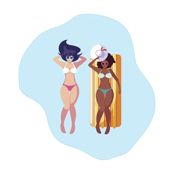 Hermosas chicas interracial con colchón de flotador en el agua — Vector de stock