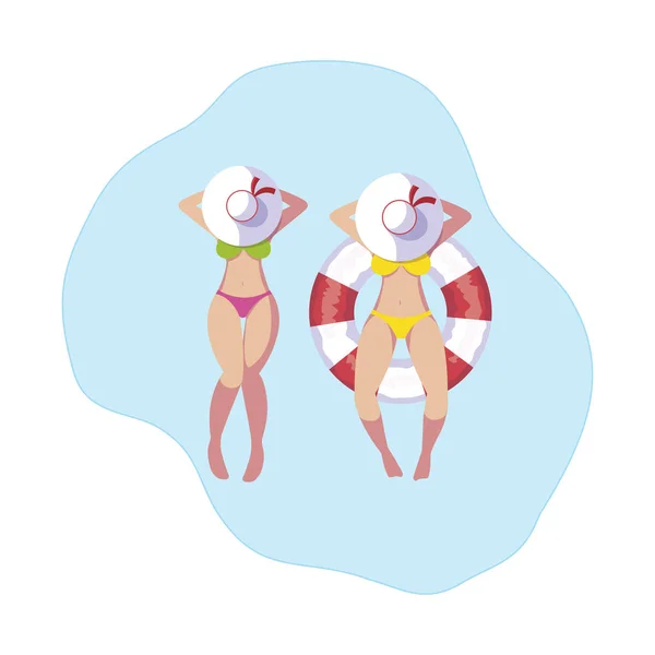 Niñas con traje de baño y salvavidas flotan en el agua — Vector de stock