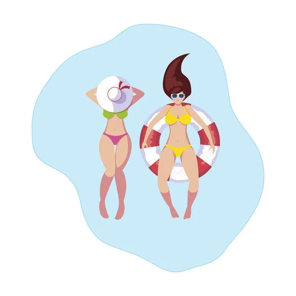 Niñas con traje de baño y salvavidas flotan en el agua — Vector de stock