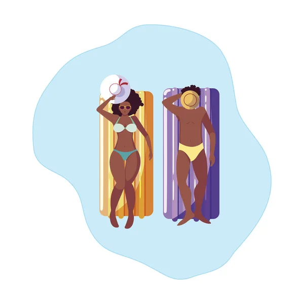 Joven afro pareja con flotador colchón en agua — Vector de stock