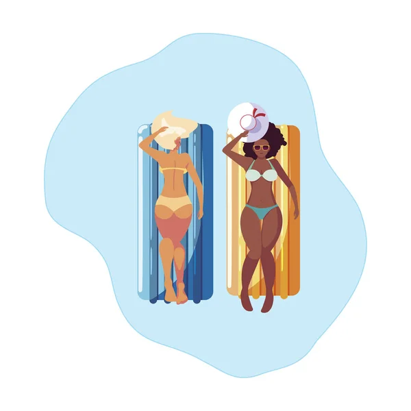 Hermosas chicas interracial con colchón de flotador en el agua — Vector de stock