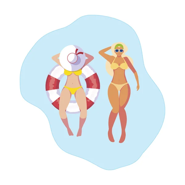 Niñas con traje de baño y salvavidas flotan en el agua — Vector de stock