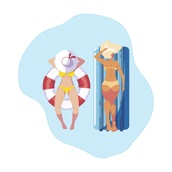 Chicas con traje de baño en salvavidas y colchón flota en el agua — Vector de stock