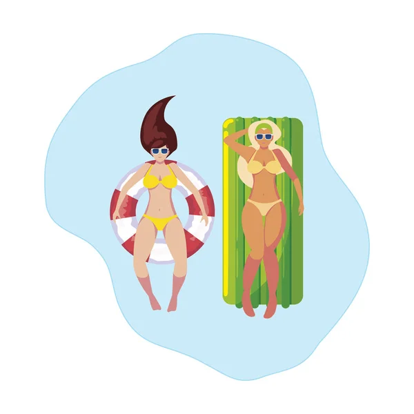 女孩与泳衣在救生员和床垫漂浮在水中 — 图库矢量图片