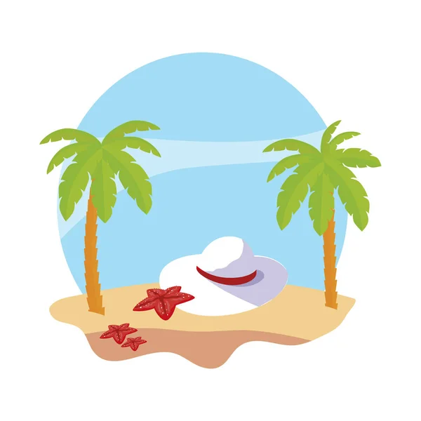 夏季海滩与棕榈树和女性帽子场景 — 图库矢量图片